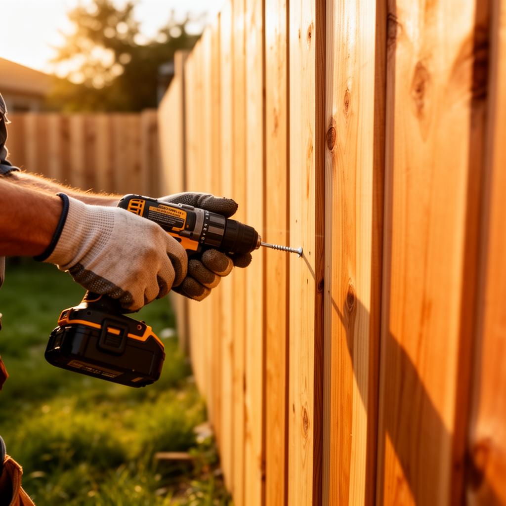 Craftsman installing a wooden privacy fence panel