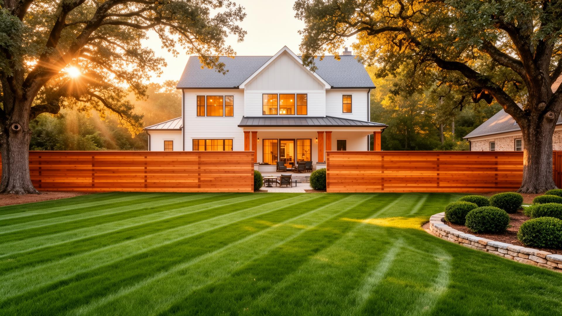 Beautiful manicured lawn with a premium wood privacy fence in Charlotte NC at golden hour